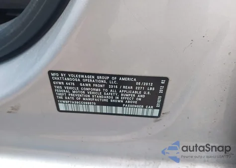 2012 Volkswagen Passat 2.5L Se из США, поврежденный, VIN 1VWBP7A39CC099570